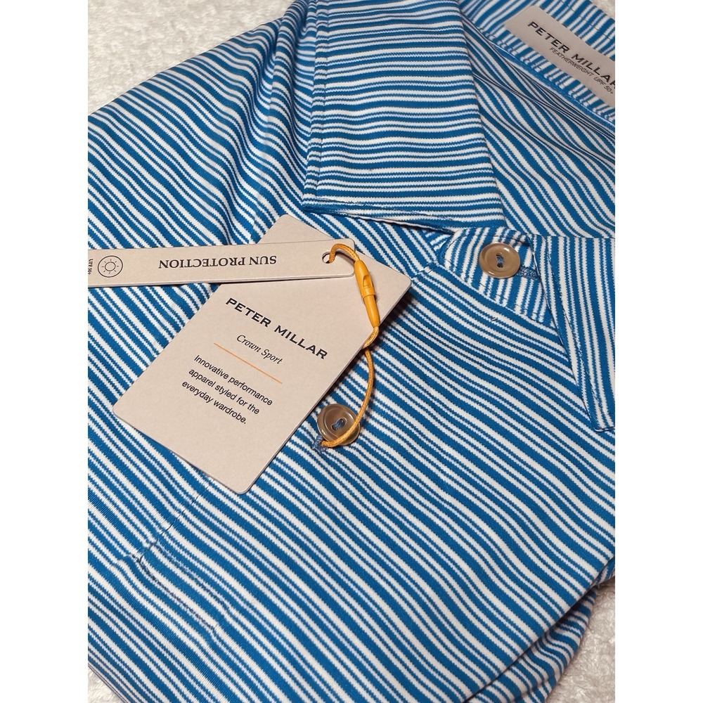 Peter Millar Featherweight Golf Polo Shirt Mens XXL Blue White Stripe UPF 50 NWT
